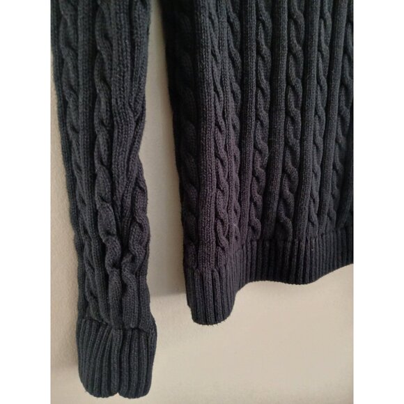 LL BEAN  Womens M Navy Blue Chunky Cable Knit Cotton Crewneck Fisherman Sweater - Picture 2 of 6